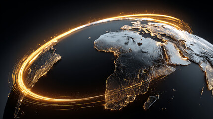 Metallic world map with glowing lines encircling it, symbolizing global economic exchange and connectivity