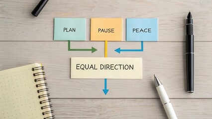 A flow diagram with plan pause peace and equal direction text