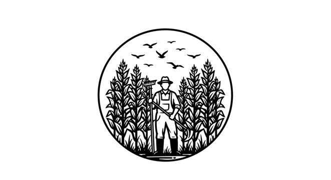 A black and white circular logo of a farmer standing in a cornfield with birds flying overhead.