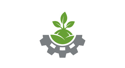 Illustration of a green plant growing out of a gray gear, symbolizing sustainable technology.