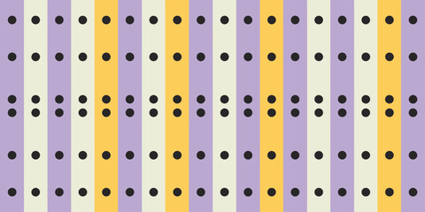 Pattern of vertical stripes in purple yellow and cream with black dots arranged in rows and columns
