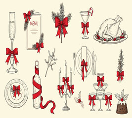 Illustration of elegant christmas dinner table setting with champagne, turkey, pudding, and decorations isolated on white background hand drawn holiday feast for greeting cards