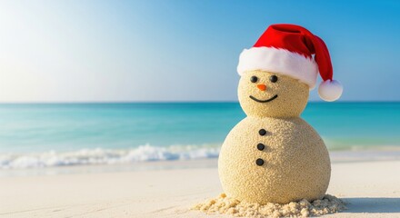 Sandy snowman in a Santa hat on a sunny tropical beach with copy space. Festive holiday concept for Christmas vacations, winter travel, and seasonal advertising