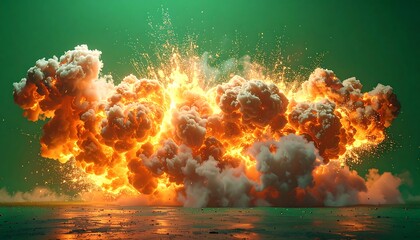 Intense explosion with orange flames and smoky white clouds against a green background