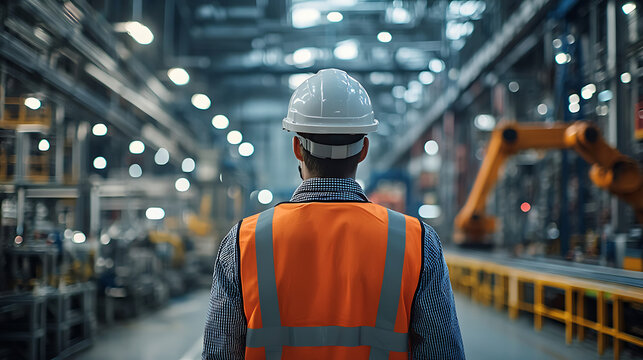 Worker in hard hat and safety vest walks through industrial factory production line - Powered by Adobe