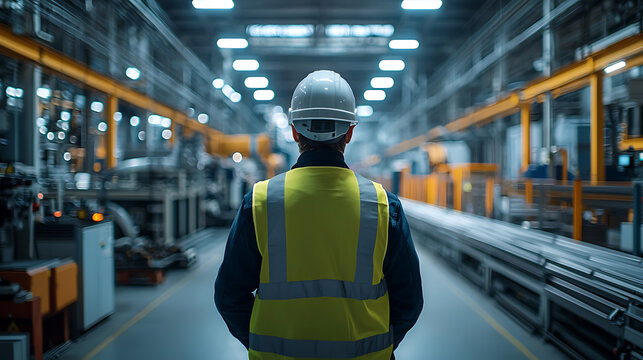 Worker in hard hat and safety vest walking down a brightly lit factory aisle - Powered by Adobe