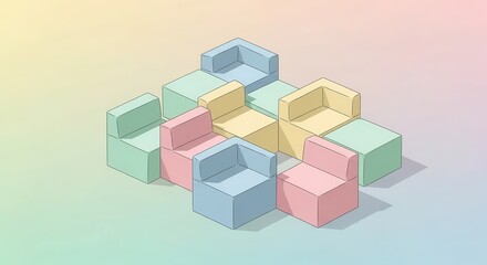 Naklejka premium Modular, pastel-colored seating units form an abstract geometric arrangement against a soft gradient background