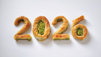 Writing the Year 2026 with Turkish Pistachio Baklava, 2026 Baklava Typography on White Background &ndash; Gourmet Dessert Art with Rich Pistachio Texture.