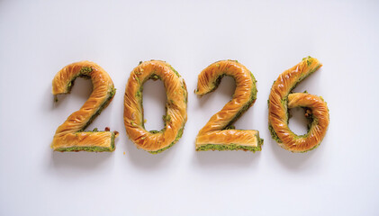 Writing the Year 2026 with Turkish Pistachio Baklava, 2026 Baklava Typography on White Background &ndash; Gourmet Dessert Art with Rich Pistachio Texture.