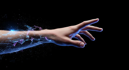 Hand gripping holographic whisk made of digital particles. Futuristic cooking tool with glowing blue energy lines. Virtual reality culinary innovation and technology concept.