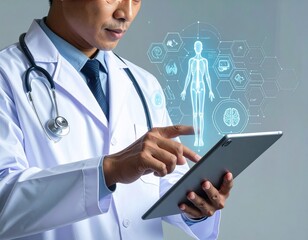 Doctor interacts with holographic human form on tablet
