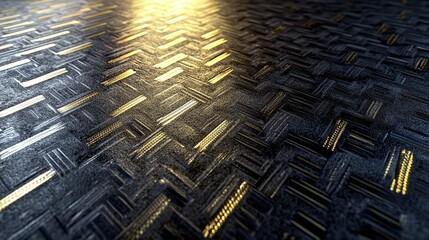 Abstract pattern of textured metallic surface with woven geometric design and illuminated golden highlights in a modern artistic composition.