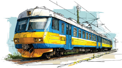 Fototapeta premium Detailed Drawing of Blue and Yellow Train on Railroad Track