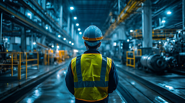 Industrial worker in safety vest and hard hat stands in a large factory looking forward