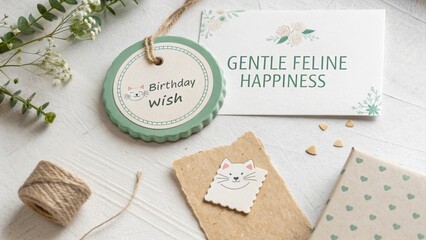 A round birthday gift tag with a cute cat design