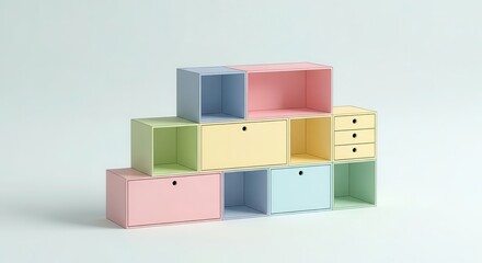 Obraz premium Modular storage units display soft pastel colors arranged in a stepped configuration