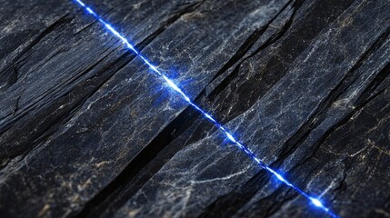 Striking Blue Lightning Bolt Illuminates Dark, Cracked Stone Surface with Dramatic Contrast