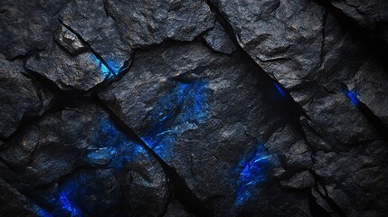 Dark textured rock surface with vibrant blue glowing veins creating a striking abstract geological pattern
