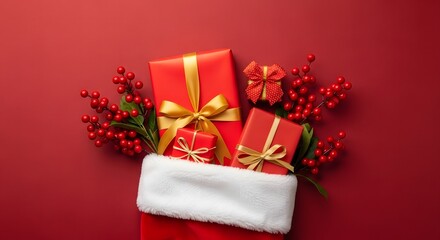 Obraz premium Christmas stocking filled with red gift boxes and festive red berry decoration
