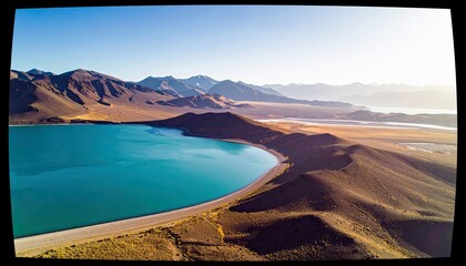 An aerial view captures a vibrant turquoise lake curving along the edge of a dry, mountainous landscape under a bright, cloudless sky.