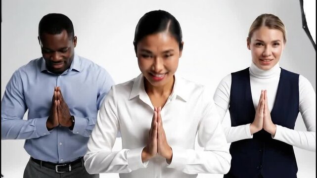 Diverse professionals expressing gratitude in a studio setting with soft lighting and neutral backdrop