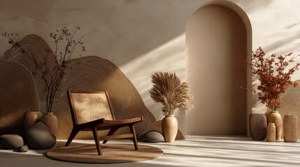 Boho modern interior with abstract textured wall and earthy decor elements