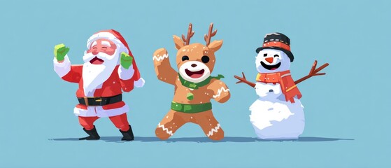 Fototapeta premium Festive Christmas Trio: Santa, Reindeer, and Snowman celebrating the holiday spirit