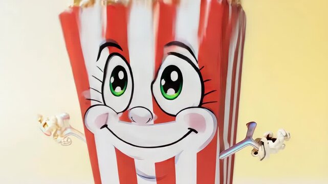 A happy popcorn container with big eyes and mouth, smiling