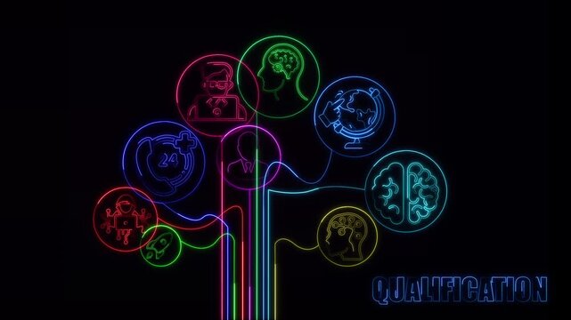 Glowing Neon Business Model Banner Animation Competence, Marketing, Strategy, Vision, Goal, Growth, Revenue, Partner, and Management icons shine on virtual screen. Perfect 4K corporate concept video.