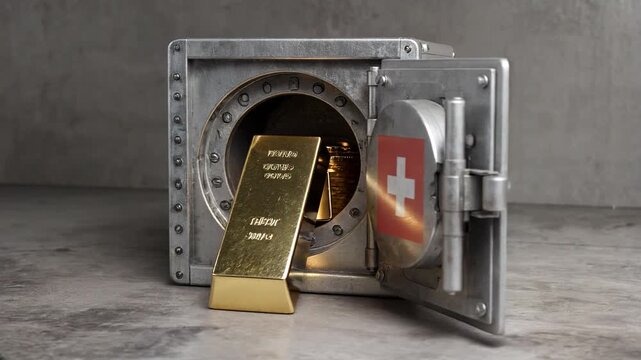 gold bars in swiss safe on clear background with camera rotation