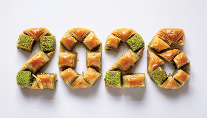 Writing the Year 2026 with Turkish Pistachio Baklava, 2026 Baklava Typography on White Background &ndash; Gourmet Dessert Art with Rich Pistachio Texture.