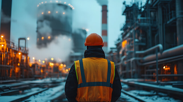 Industrial worker in reflective vest surveys a snowy illuminated factory complex