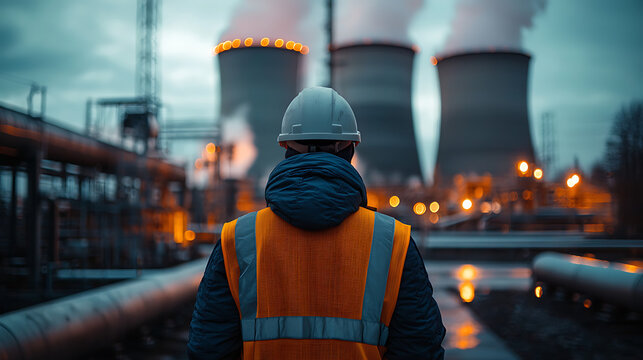 Industrial worker in hard hat and safety vest at power plant with cooling towers - Powered by Adobe