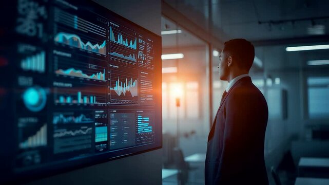 Business professional analyzing illuminated digital charts on a large screen while standing in a modern office during sunset, creating a data-driven corporate scene