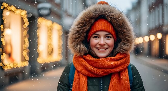 El hombre sonriente se encuentra en una calle nevada durante el invierno.
 Lleva ropa abrigada como sombrero, bufanda, abrigo.
 El hombre parece feliz cerca de una tienda con luces decoradas.