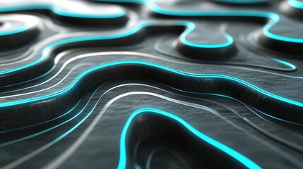 Abstract 3D Render of Glowing Blue Contour Lines on Textured Surface Creating Futuristic Topographical Design