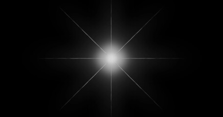 Light beam glowing in extreme dark environment bg. Center glowing warm white colored star optical flare shining brightly. Golden tone sun volumetric light ray Hope of Faith.Gentle light-leak flash.