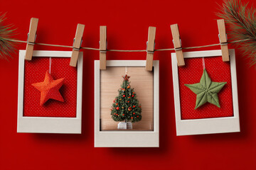 Christmas decoration red star green star photo frame clothespin