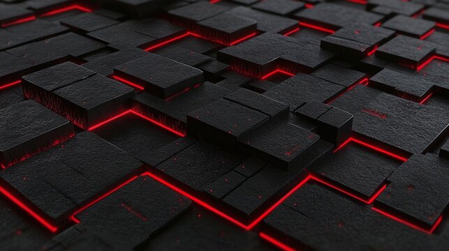 Abstract 3D Render of Dark Geometric Blocks with Red Neon Light Highlights in a Futuristic Pattern