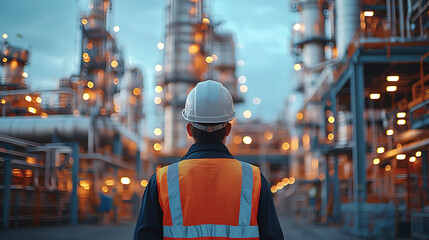 Engineer in hard hat and safety vest surveys industrial refinery at dusk