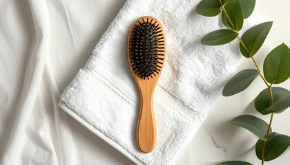 Wooden hairbrush on white towel with green branch