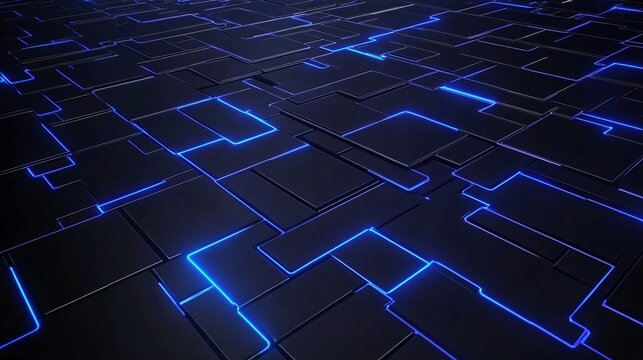 Fototapeta Futuristic digital circuit board with glowing blue lines and dark geometric patterns creating a high-tech, abstract background.