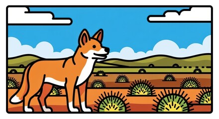 Naklejka premium Illustrated fox in desert landscape with cacti and clouds on sunny day