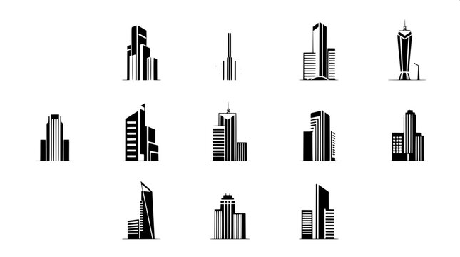 A professional black-and-white icon compilation featuring nine unique skyscraper designs, displayed in a tidy 3x3 grid, using strong geometric shapes, minimal detail, and an even, shadowless aesthetic