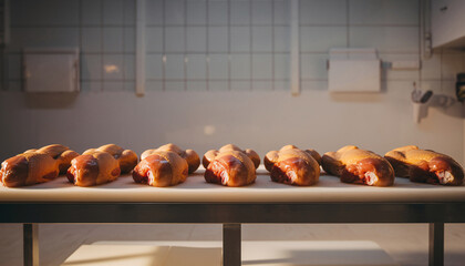 Raw chicken fillets arranged on butcher table for food preparation
