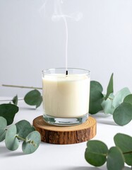 Extinguished candle with smoke, eucalyptus leaves, wood stand