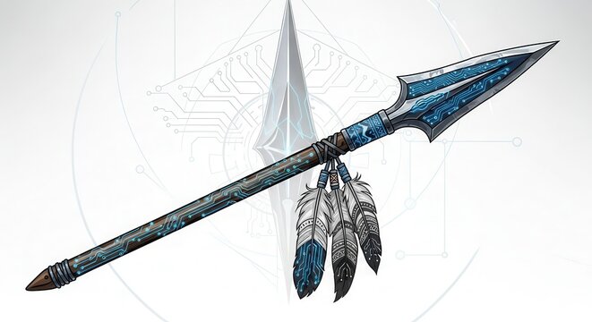 Futuristic weapon featuring a spear adorned with tribal elements and illuminated circuitry patterns