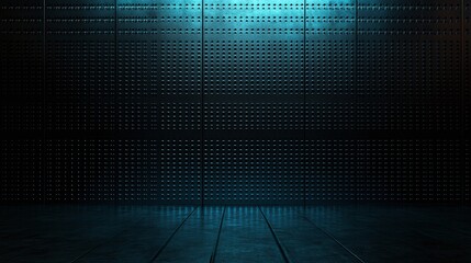 Dark futuristic metallic backdrop with a blue ambient glow highlighting texture and depth, suitable for high-tech presentations or industrial-themed designs.