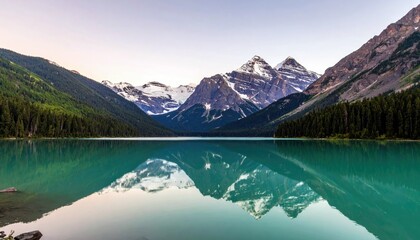 A serene, turquoise lake perfectly mirrors snow-capped mountains and a dense evergreen forest under a soft, clear sky.