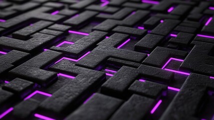 Futuristic dark geometric surface with glowing purple neon lines creating a high-tech abstract pattern